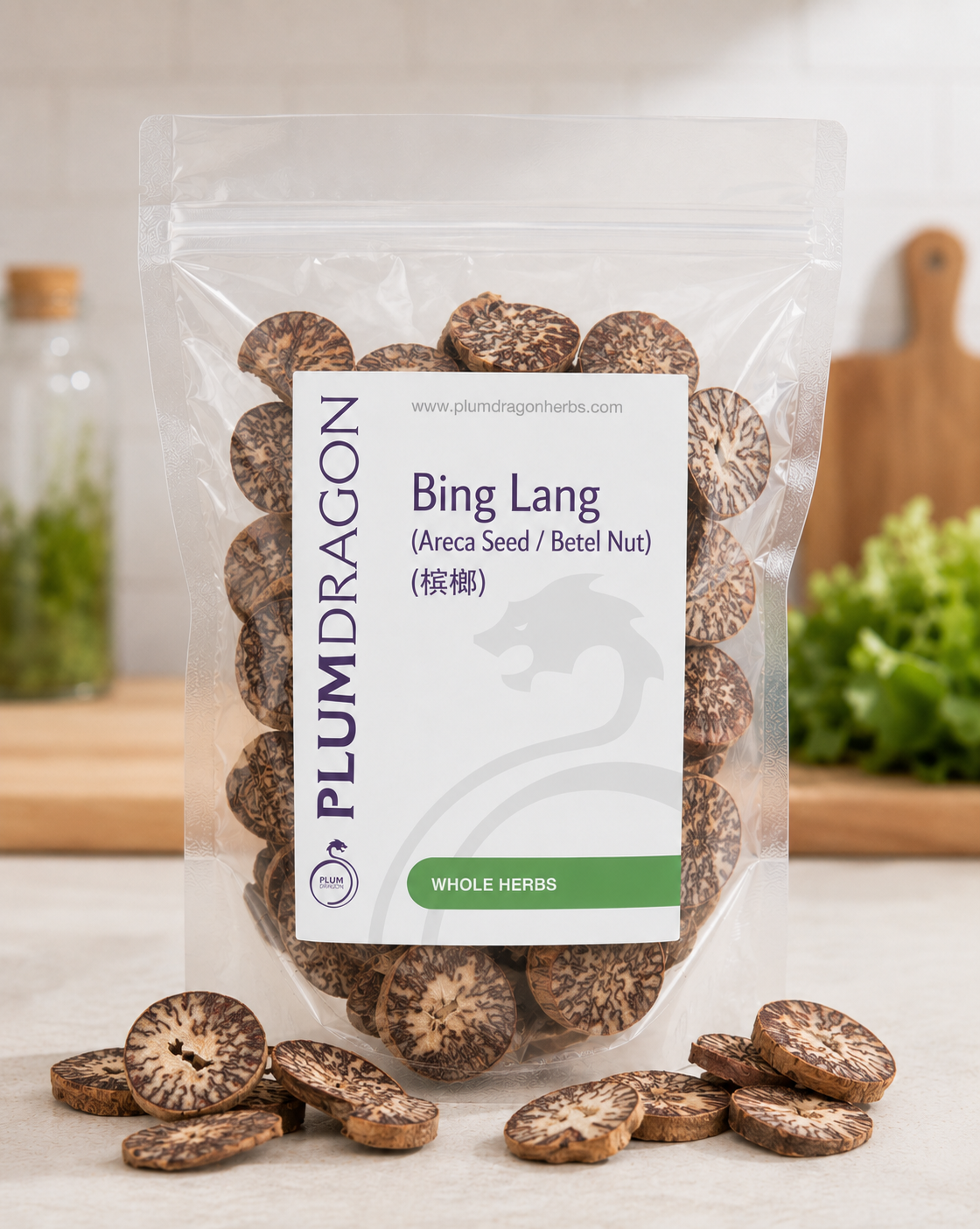 Packaged Bing Lang (Betel nut) seeds with a Plum Dragon label on a neutral background