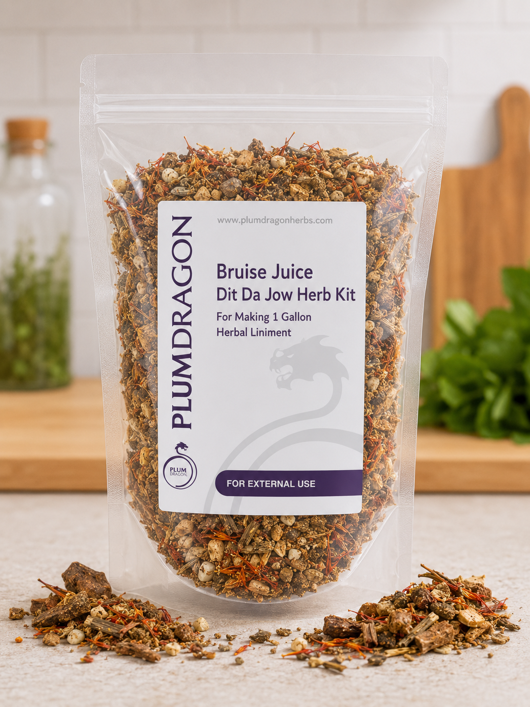 Bruise Juice Herb kit packaging with visible herbs on a neutral background