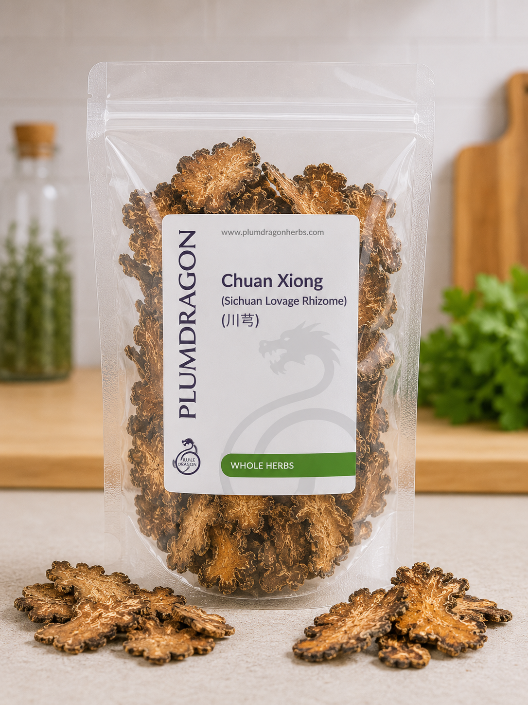Packaged Chuan Xiong Plum dragon label on a neutral background