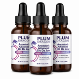 Three bottles of Plum Dragon Ancestor's Advanced Dit Da Jow on a white background