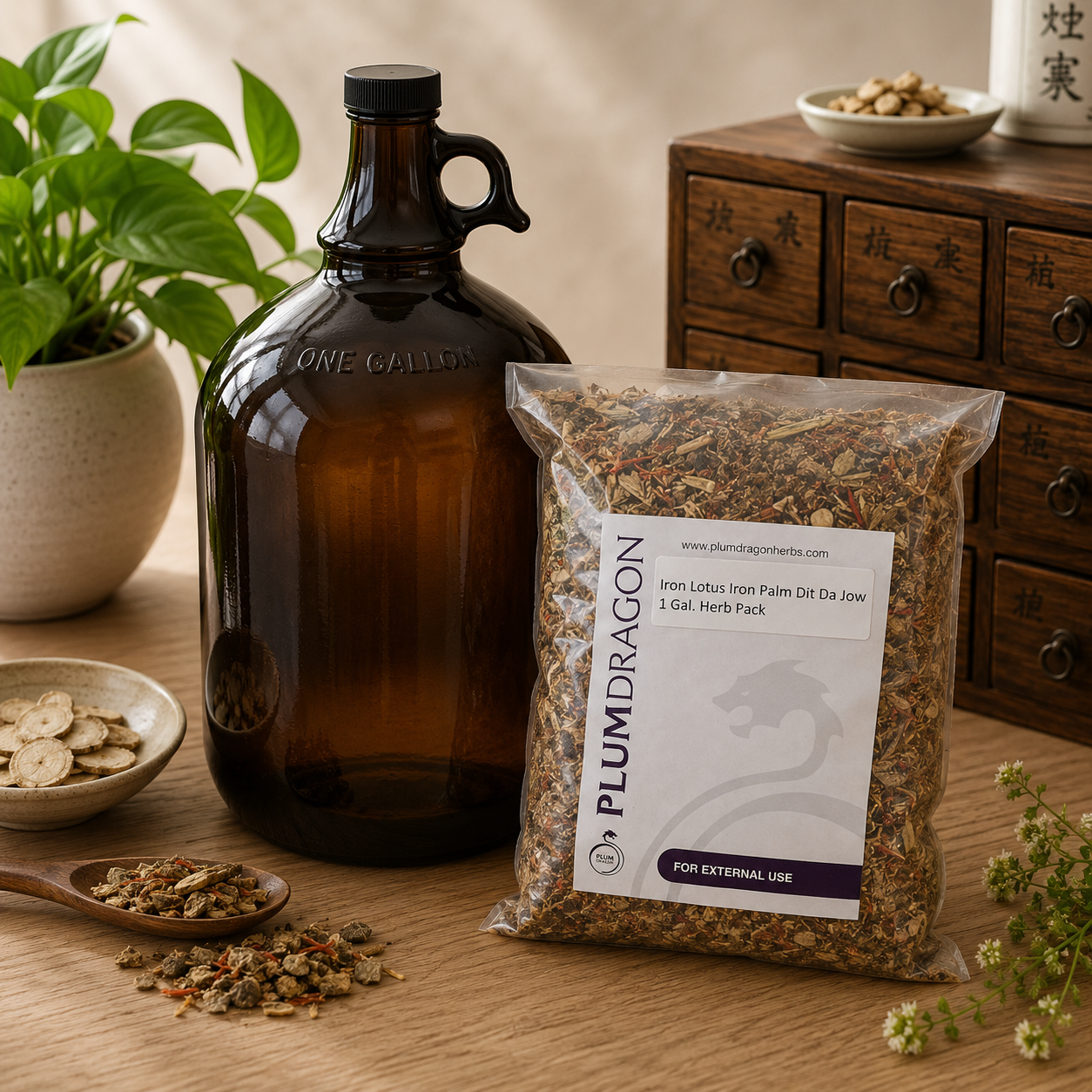 Iron Lotus Iron Palm Dit Jow Herbs and 1 Gallon Amber Glass Jug on apothecary counter