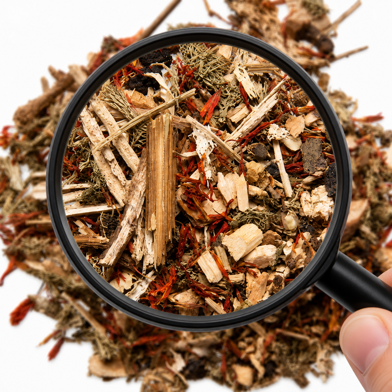 Magnifying glass showing close up of a pile of warming herbal foot soak herbs