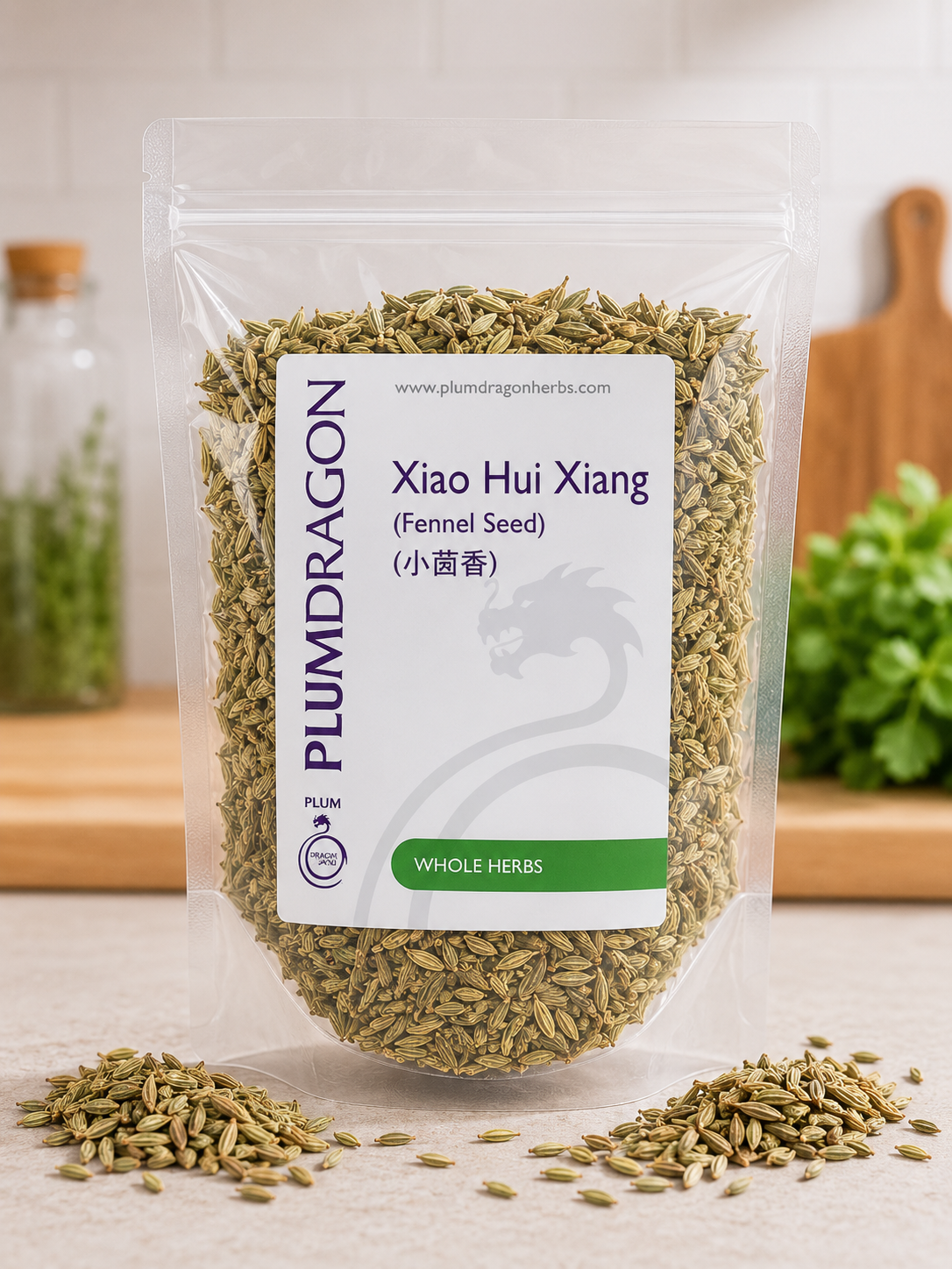 Package of Plum Dragon Xiao Hui Xiang fennel seed on a light surface with herbs in the background.