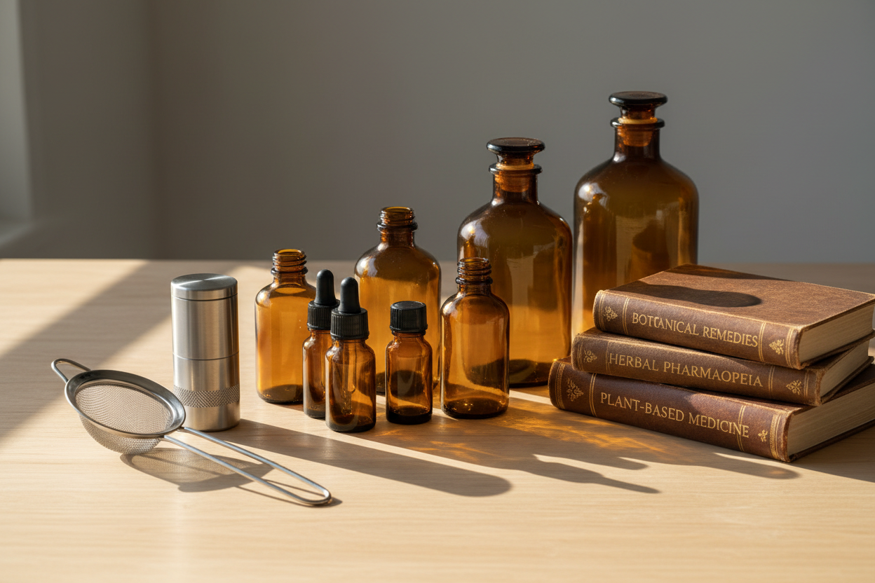Herbal preparation tools bottles and books for herbal medicine
