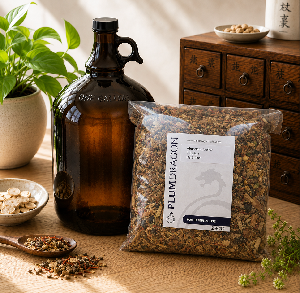 Abundant Justice Herbal Tonic with 1 Gallon Jug on an apothecary counter