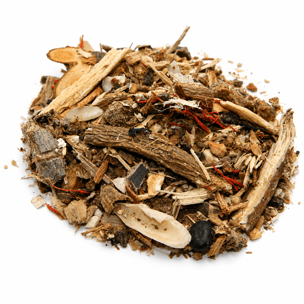 Pile of Abundant Justice Tonic Herbs on white background