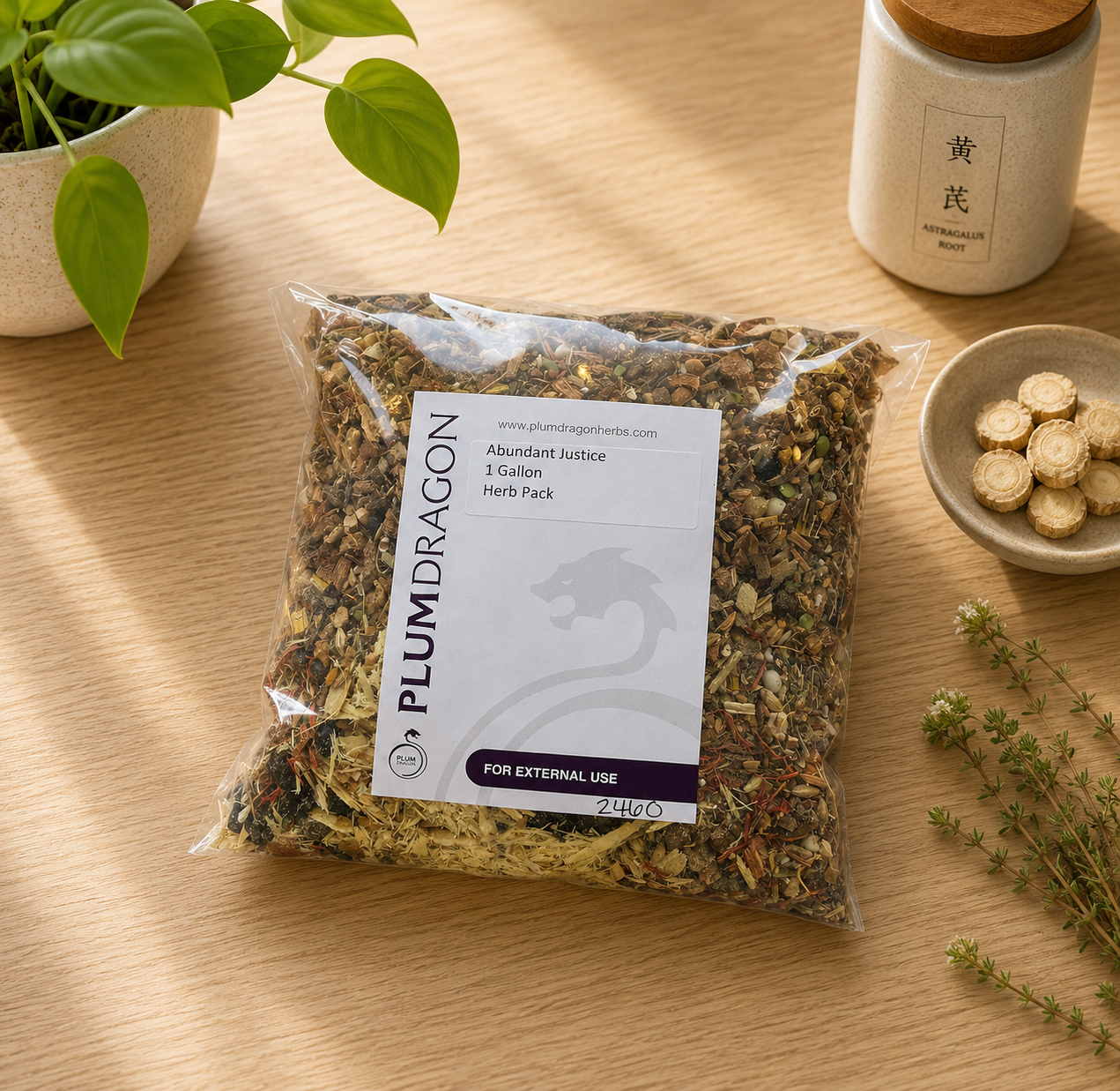 Abundant Justice Herbal Tonic in Plum Dragon packaging on apothecary counter