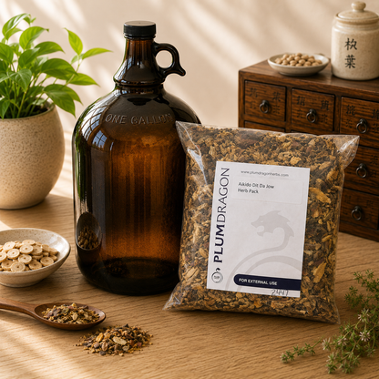 Aikido Dit Da Jow Herbs with 1 Gallon Jug on apothecary counter