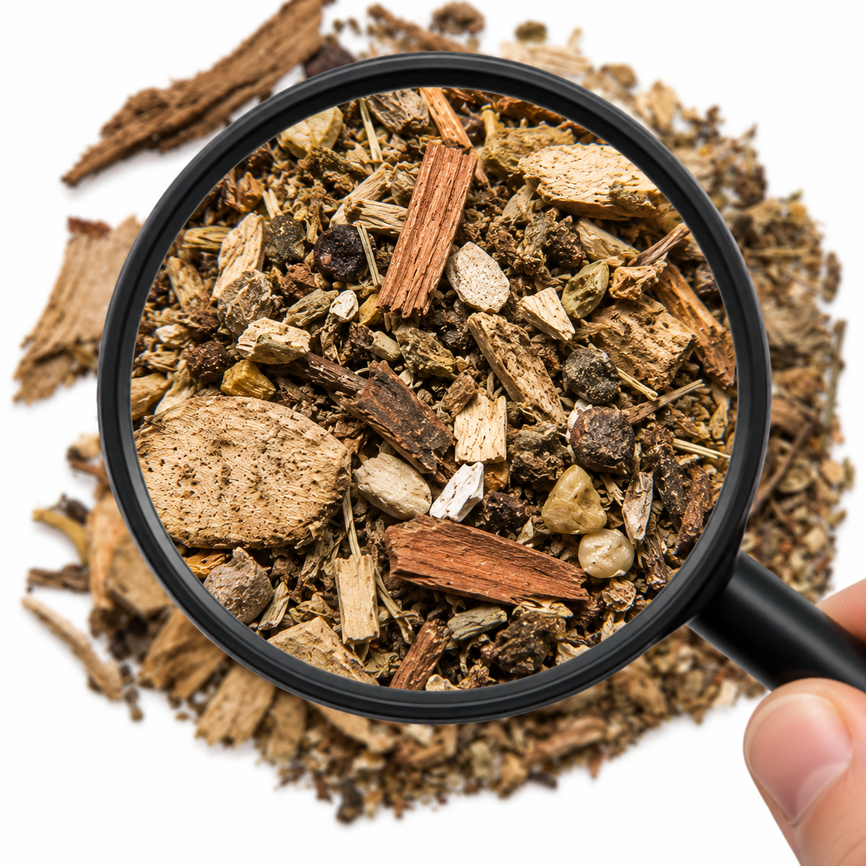 Magnifying glass showing close up of ancestors advanced dit da jow herbs on a white background