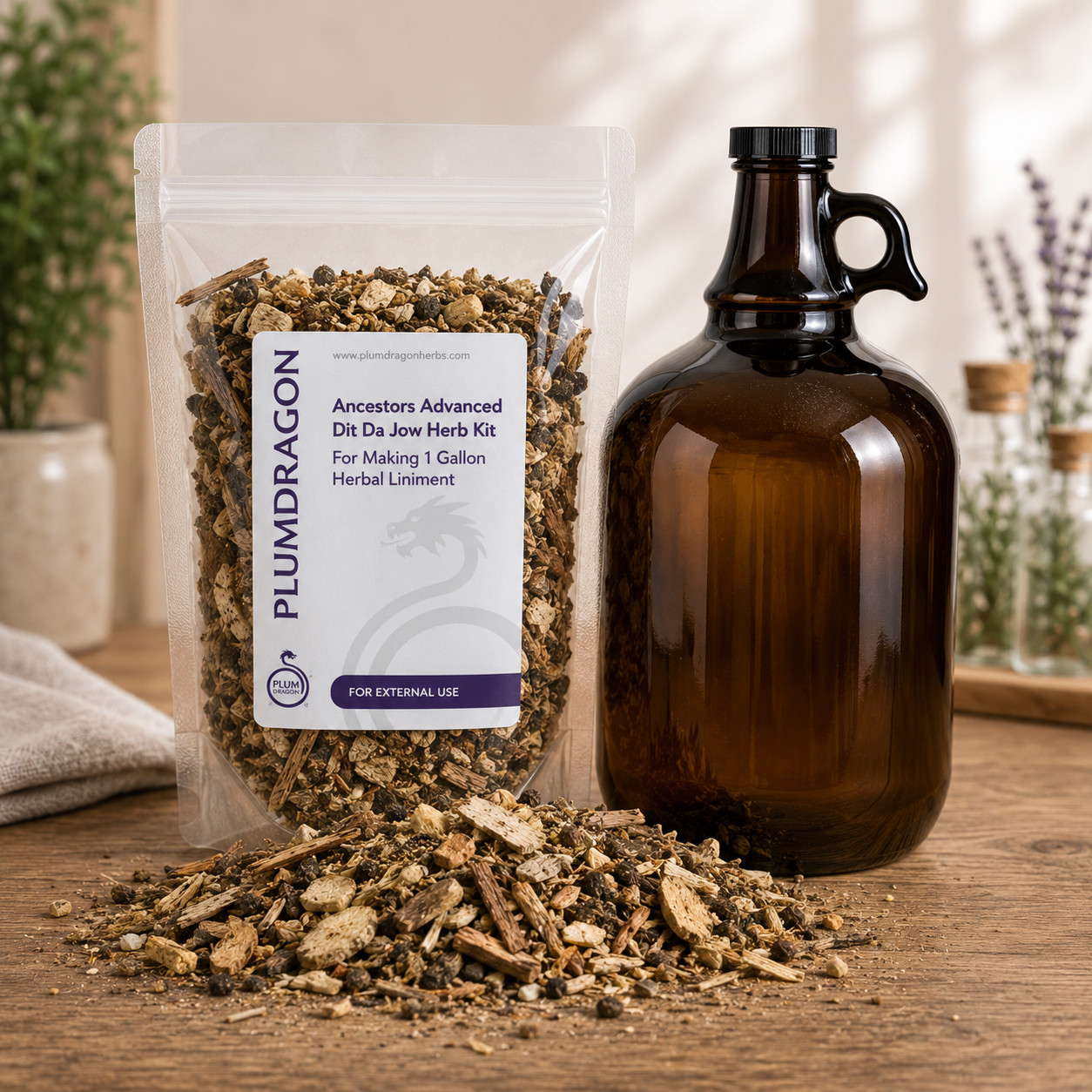 Ancestors Advanced Jug & Jow packaging with dried herb kit and a 1 gallon glass jug on a wooden surface.