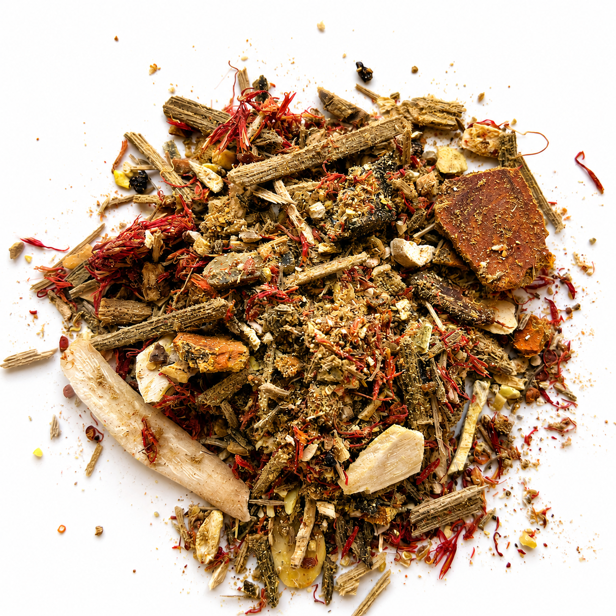 Pile of Ark Wong Iron Palm Dit Da Jow Herbs on white background