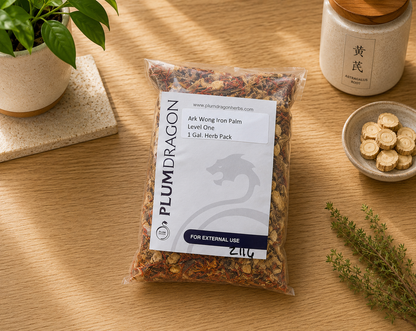 Ark Wong Iron Palm Dit Da jow in Plum Dragon packaging on apothecary counter