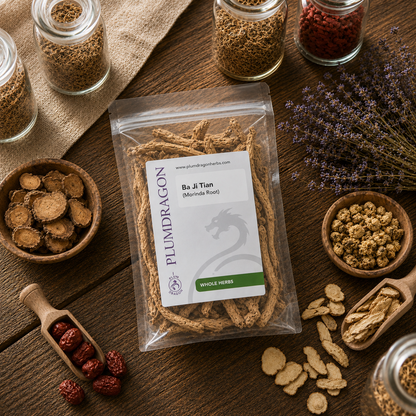 Packaged Ba Ji Tian (Morinda Root) with a Plum Dragon label on a wooden surface with various dried herbs.