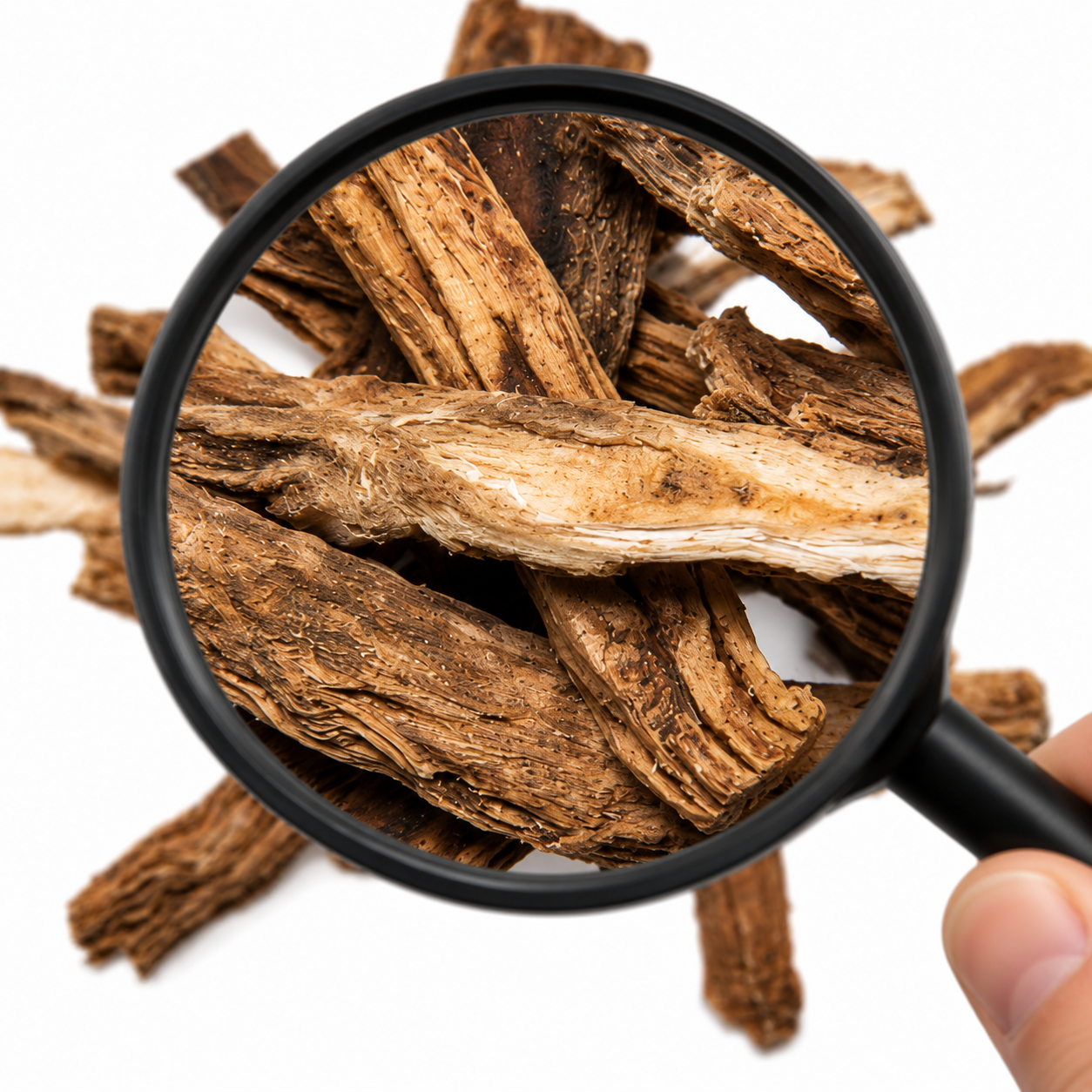 Magnifying glass over a pile of Bai Bu (Stemona Roots) on a white background