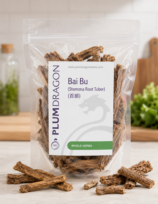 Packaged Bai Bu (Stemona Root)  with Plum Dragon label on a neutral background