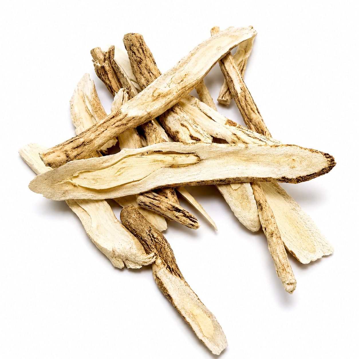 Dried Bai Xian Pi Dictamnus roots stacked on a white background