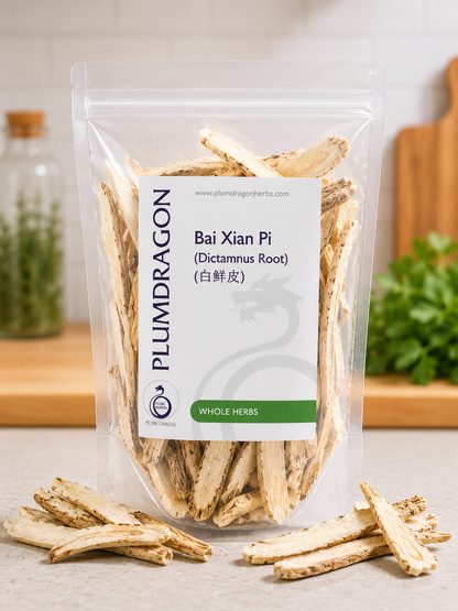 Packaged Bai Xian Pi Dictamnus root with Plum Dragon branding on a neutral background