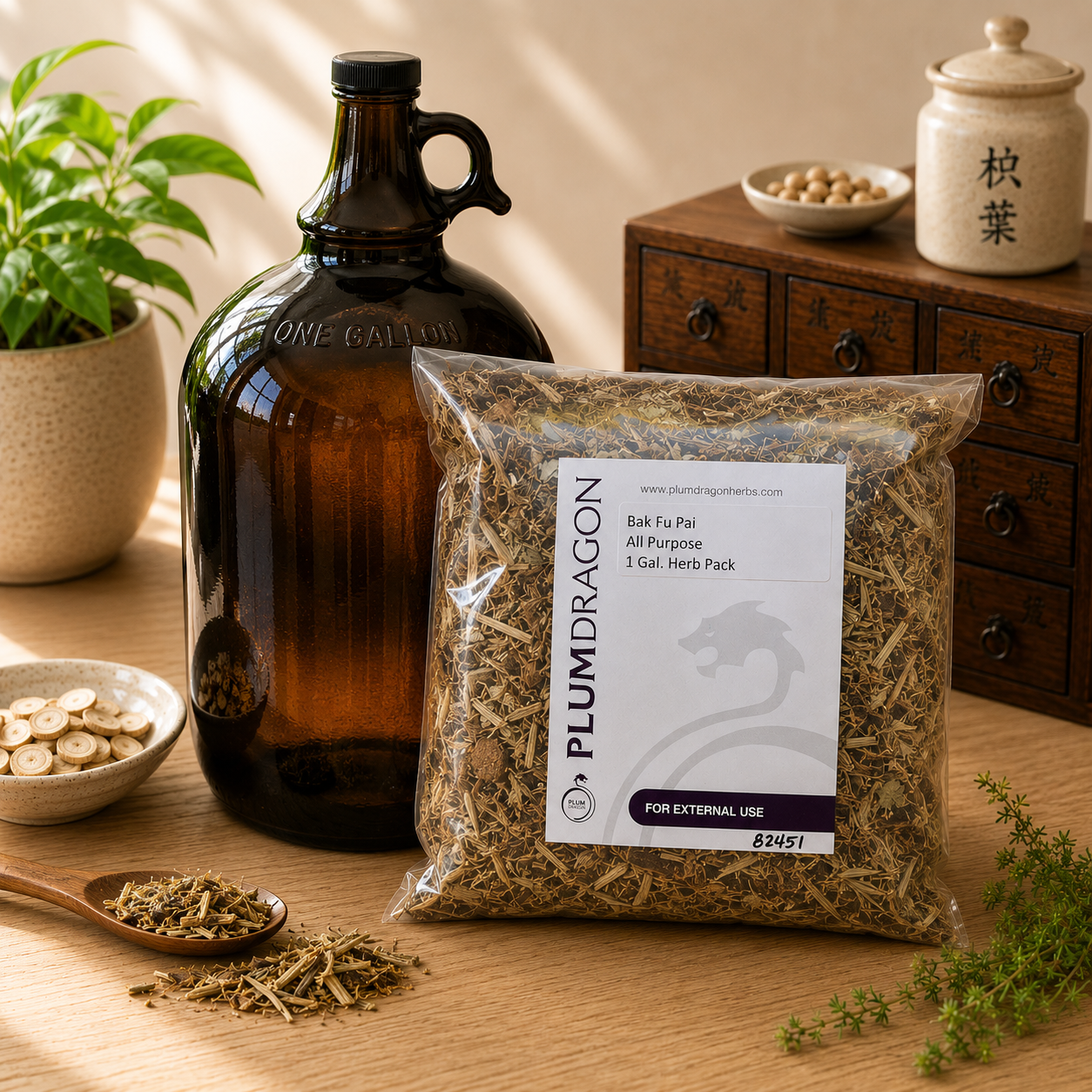 Bak Fu Pai All-Purpose Dit Da Jow Herbs with 1 Gallon Jug on apothecary counter