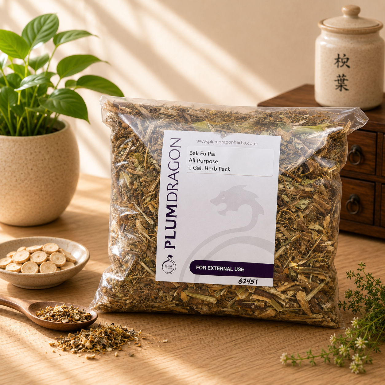 Bak Fu Pai All-Purpose Dit Da Jow in Plum Dragon packaging on apothecary counter