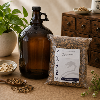Bai Mai Southern Dit Da Jow Herbs with 1 Gallon Jug on apothecary counter