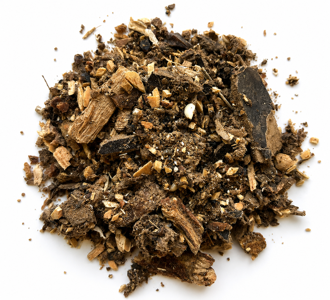 Pile of Bak Mei Southern DIt Da Jow Herbs on white background