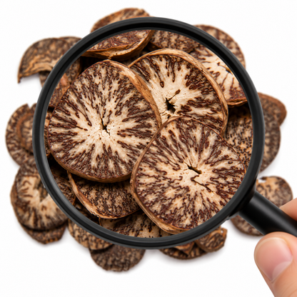 Dried slices of Bing Lang (Betel nut) under a magnifying glass on a white background