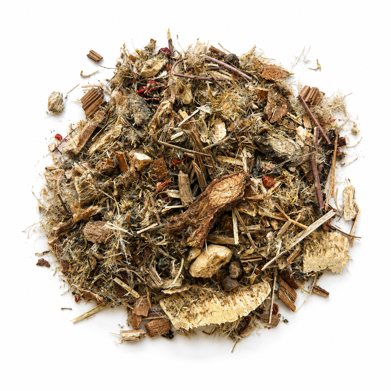 Pile of Black Hand Iron Palm Dit Da Jow herbs on white background