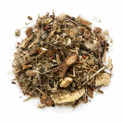 Pile of Black Hand Iron Palm Dit Da Jow herbs on white background