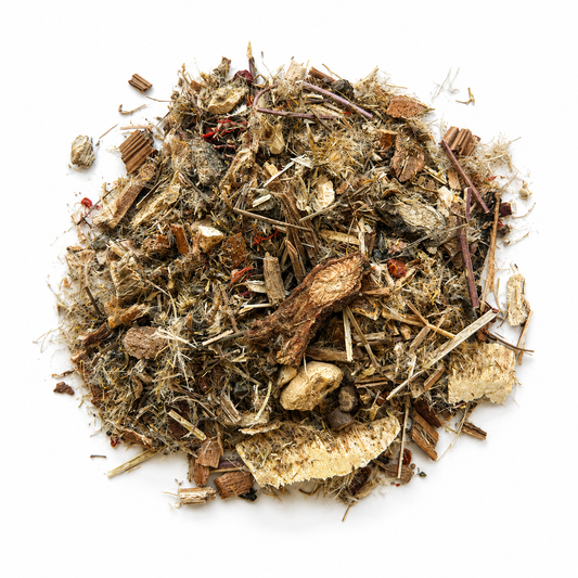 Pile of Black Hand Iron Palm Dit Da Jow herbs on white background