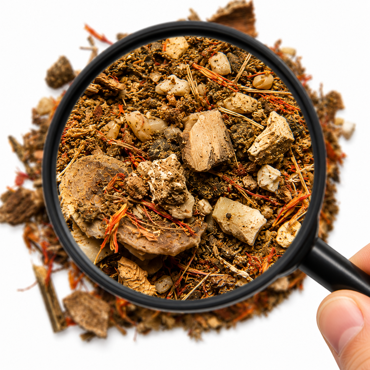 Magnifying glass over a pile of Bruise Juice Dit Da Jow herbs for kit on a white background