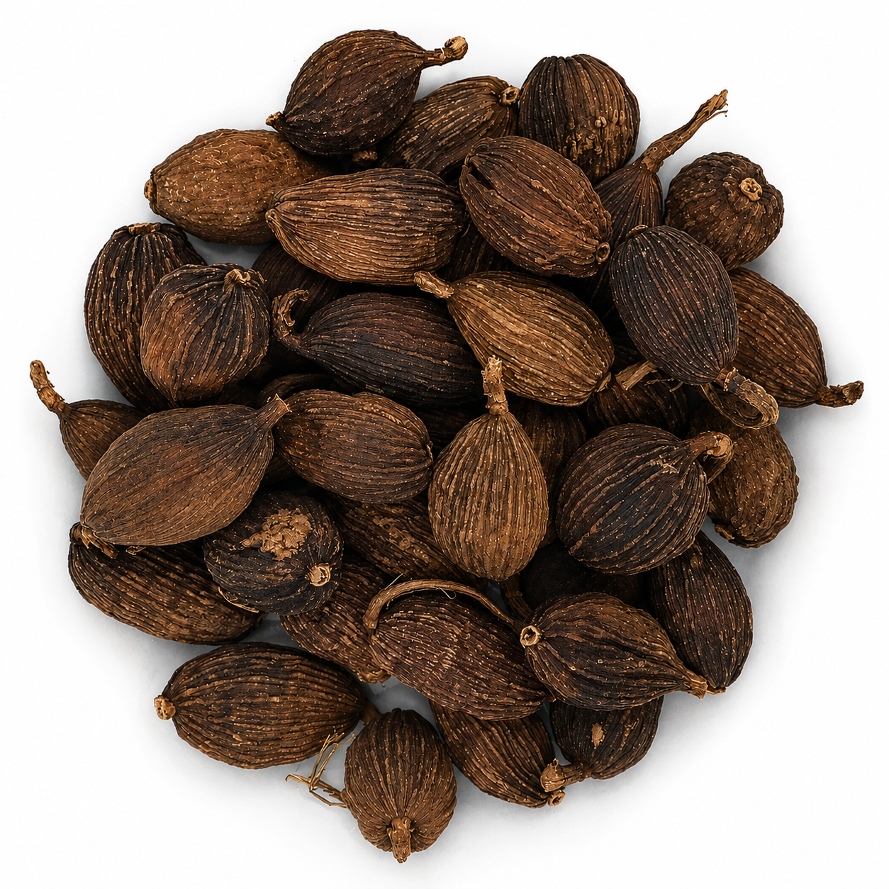 Pile of Cao Guo dark brown cardamom pods on a white background