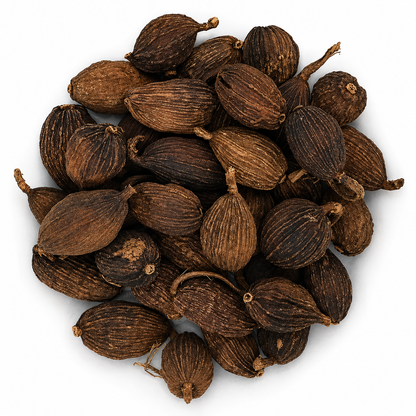 Pile of Cao Guo dark brown cardamom pods on a white background