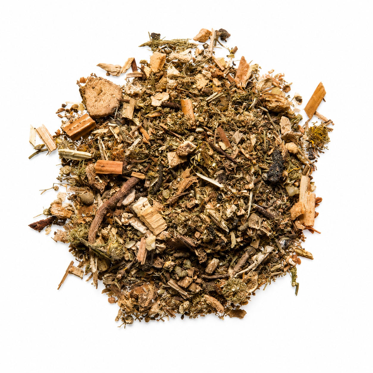 Pile of Chan Ning Tong Dit Da Jow Herbs on white background