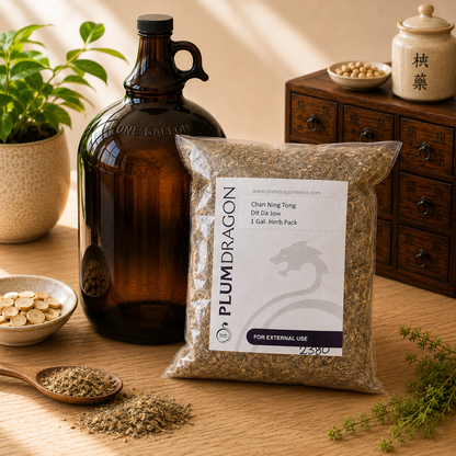 Chan Ning Tong Dit Da Jow Herbs with 1 Gallon Jug on apothecary counter