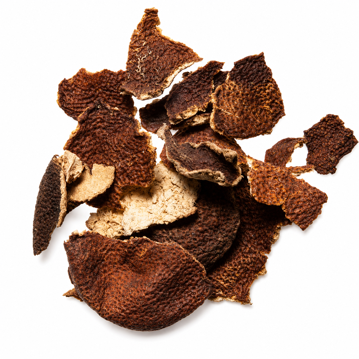 Dried Chen Pi (Aged Tangerine Peel) on a white background