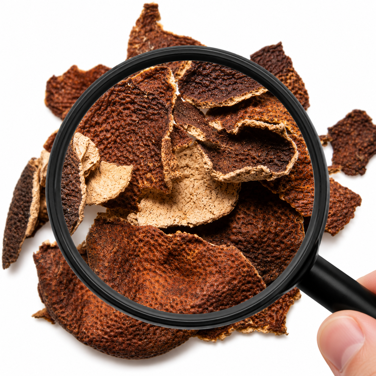 Magnifying glass showing close up of a pile of dried Chen Pi (aged Tangerine Peel) on a white background