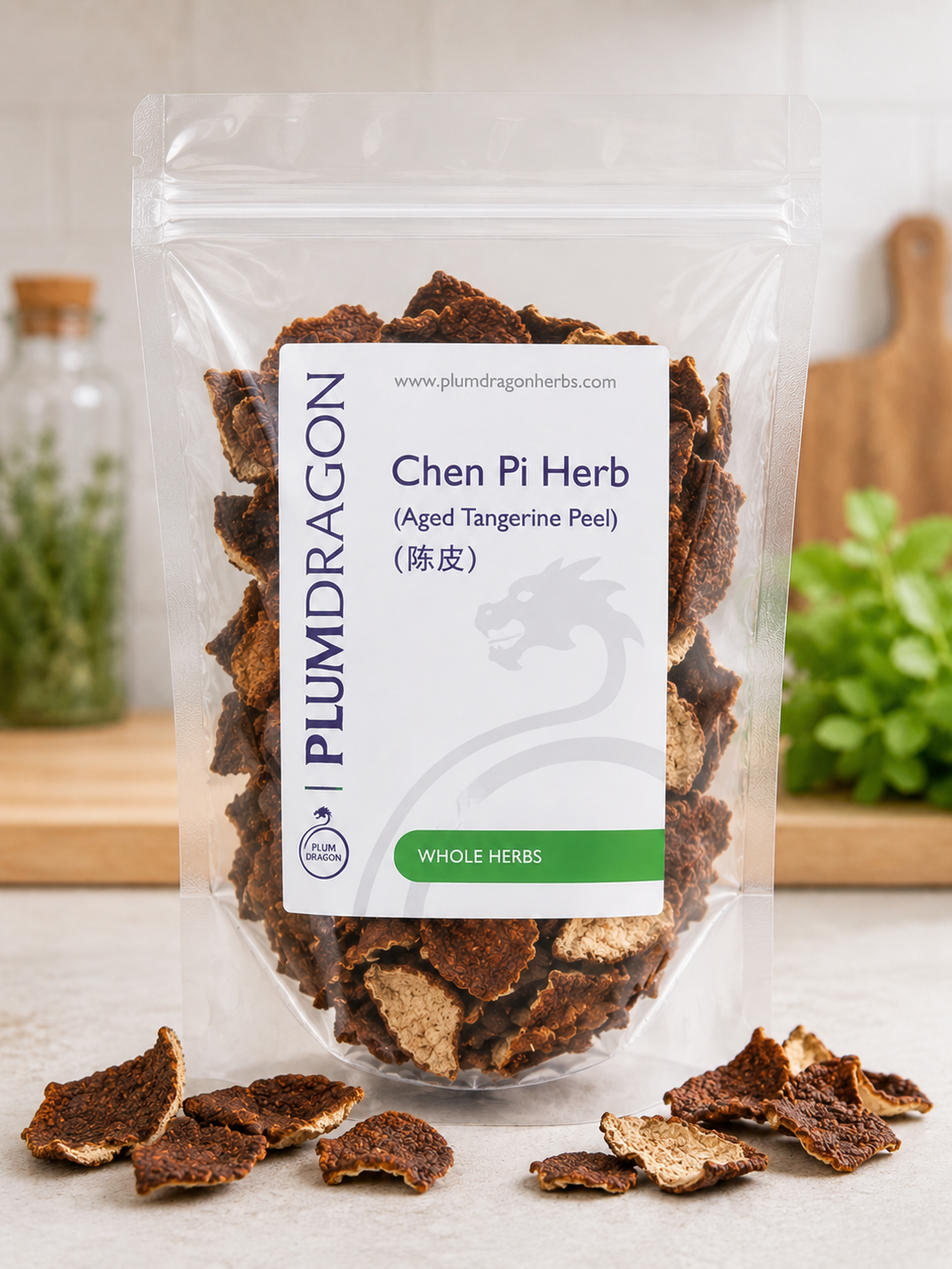 Packaged Chen Pi Herb (Aged Tangerine Peel) with Plum Dragon label on a neutral background