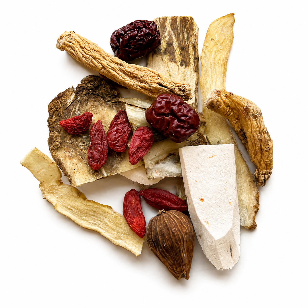 Pile of Chinese Herbs for Chicken Soup on white background