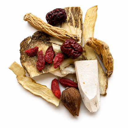 Pile of Chinese Herbs for Chicken Soup on white background
