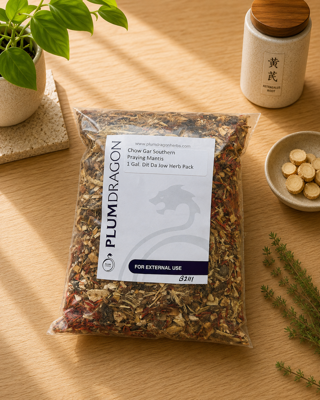 Chow Gar Southern Praying Mantis Herb Kit in Plum Dragon packaging on apothecary counter