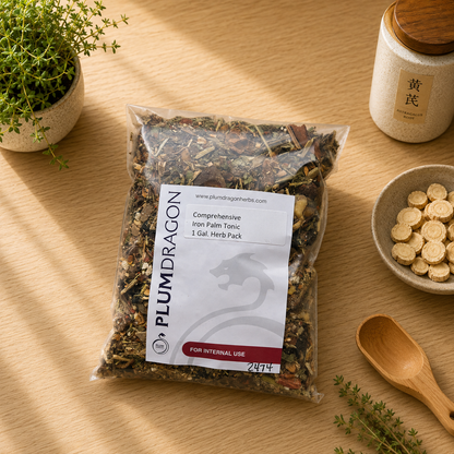 Comprehensive Iron Palm Tonic herb kit in Plum Dragon packaging on apothecary counter