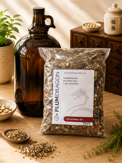Comprehensive Iron Palm Tonic Herb Kit and 1 Gallon Amber Glass Jug on apothecary counter