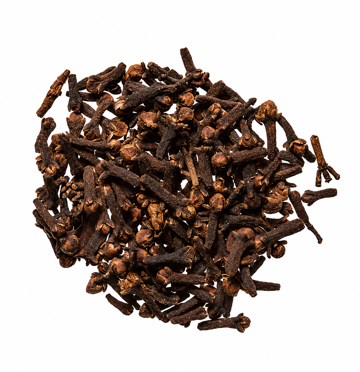 Pile of dried ding xiang (cloves) on a white background