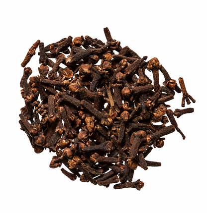 Pile of dried ding xiang (cloves) on a white background