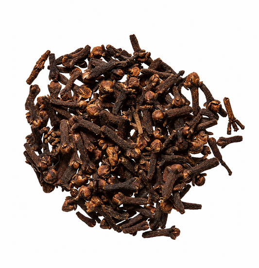 Pile of dried ding xiang (cloves) on a white background