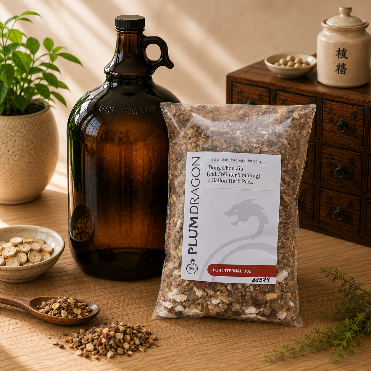 Dong Chou Jiu (Fall & Winter Training Wine) Herb kit with 1 Gallon jug on apothecary counter