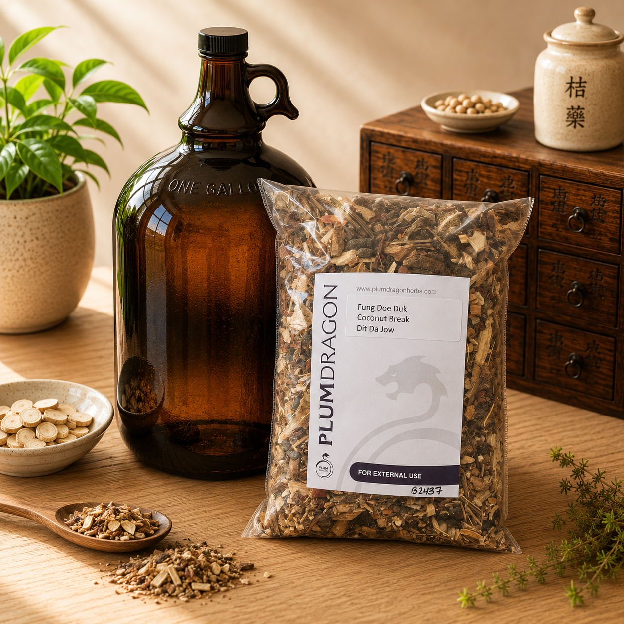 Fund Doe Duk Coconut Break Dit Da Jow herb kit with 1 Gallon jug on apothecary counter