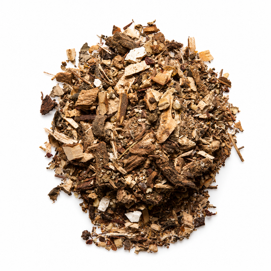 Pile of Fung Doe Duk Coconut Break Dit Da Jow Herbs on white background