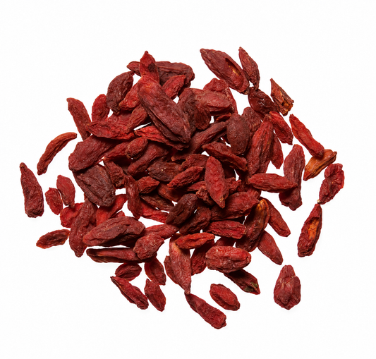 Pile of Gou Qi Zi (red goji berries) on a white background
