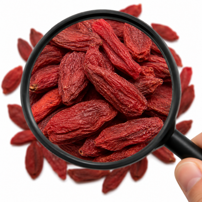 Magnifying glass showing close up of Gou Qi Zi (red goji berries) with a white background